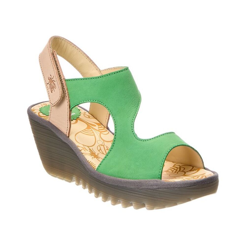 Fly London Leather Wedge Sandal, Green